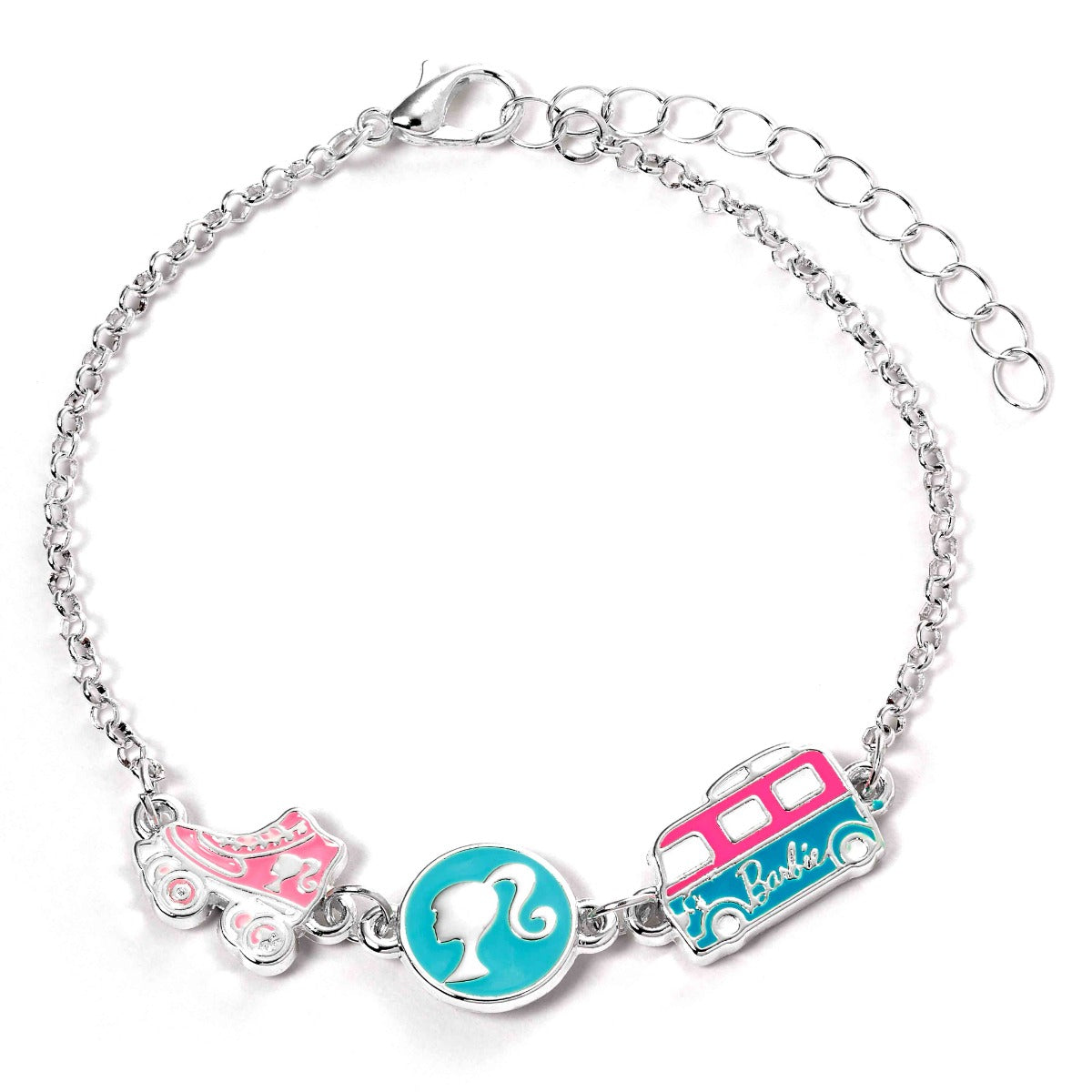 Barbie Charm Bracelet with three enamelled fun Charms  - Silhouette, Skate, & Camper van