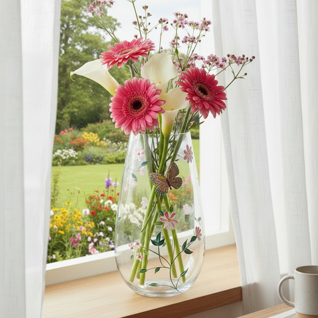 Oval Vase White Floral Butterfly 25cm